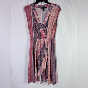 BCBG Max Azria Faux Wrap Dress M Hi-Low Hem Gathered Waist Elegant Midi Chic